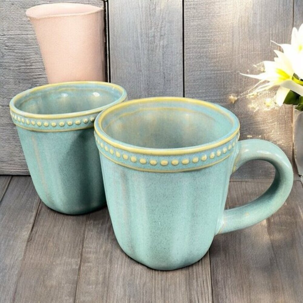 Roscher & Co Hobnail‎ Collection Stoneware Coffee Mug Cup Mugs Cups Green Set 2